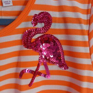 QUACKER FACTORY WOMEN'S LARGE ORANGE AND WHITE STRIPE SEQUIN PINK bird